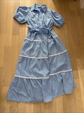 Light Blue Tiered Shirt Dress with Belt